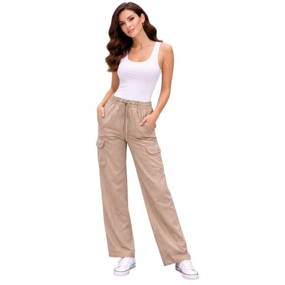 Johnny Was Pants - Johnny Was Womens Taupe Satin Straight-Leg Cargo Pants Size Small